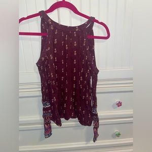 Shoulder cut-out maroon tribal blouse- gently worn